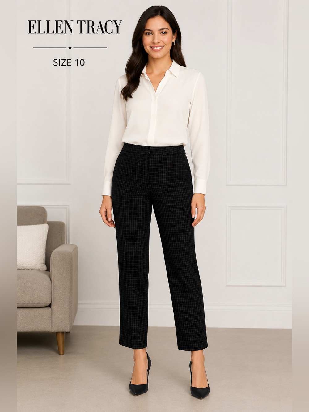 Ellen Tracy Black Windowpane Plaid Ankle Career Pants Women’s Size 10